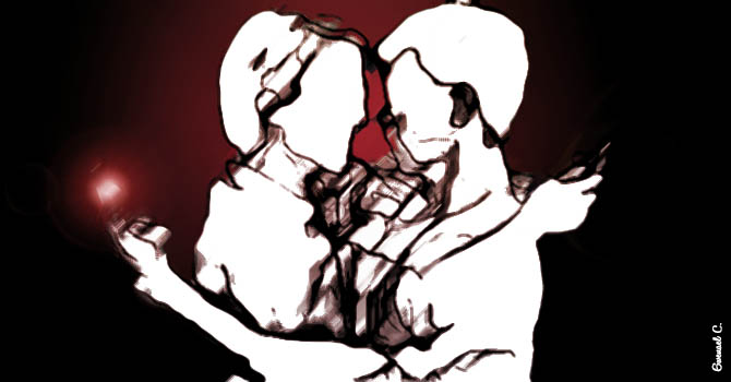 Illustration représentant deux personnes addictes à leur smartphone