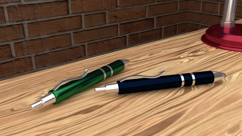 Rendu 3D de deux stylos posés sur un bureau