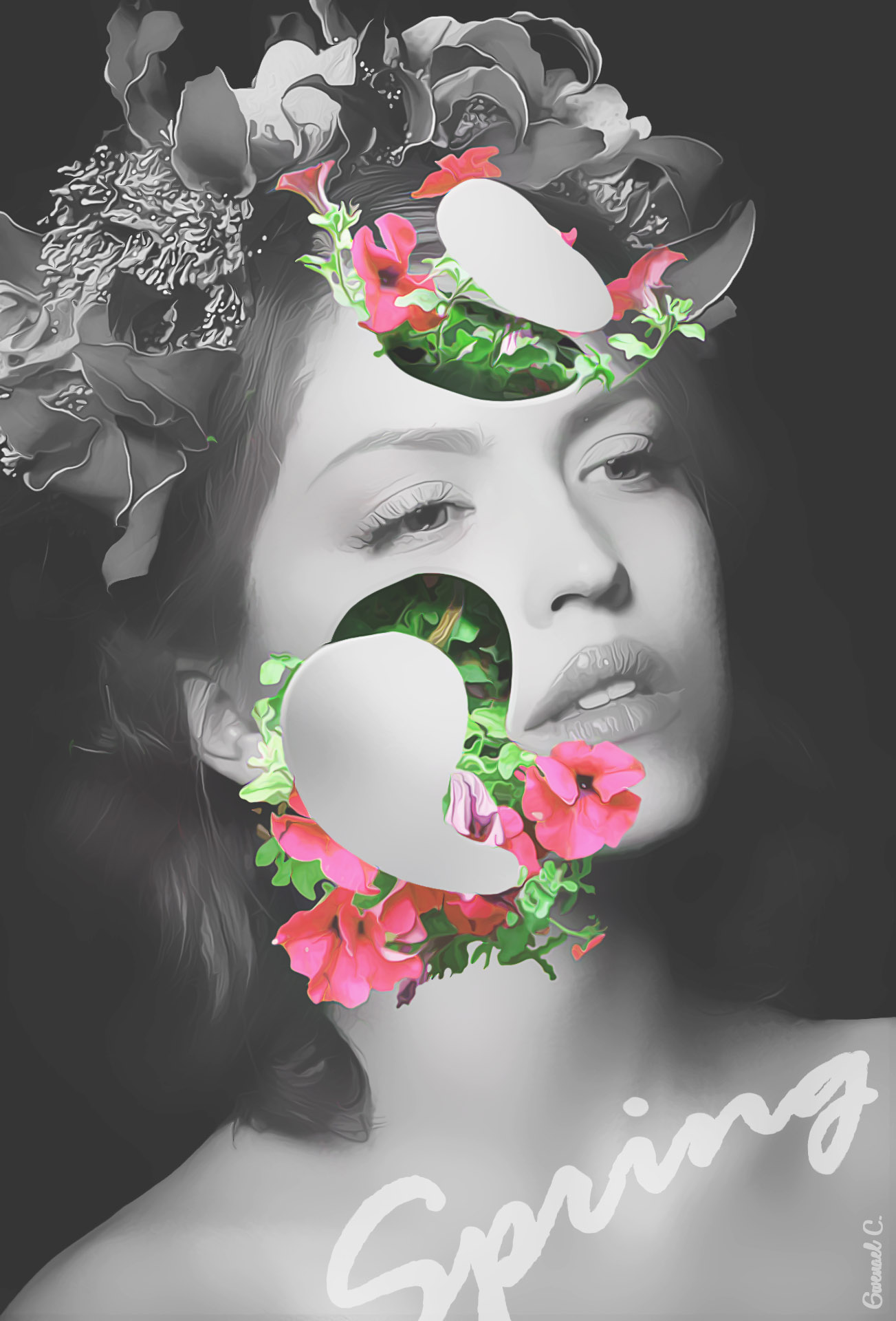 Photo d'une mannequin retouchée avec des fleurs